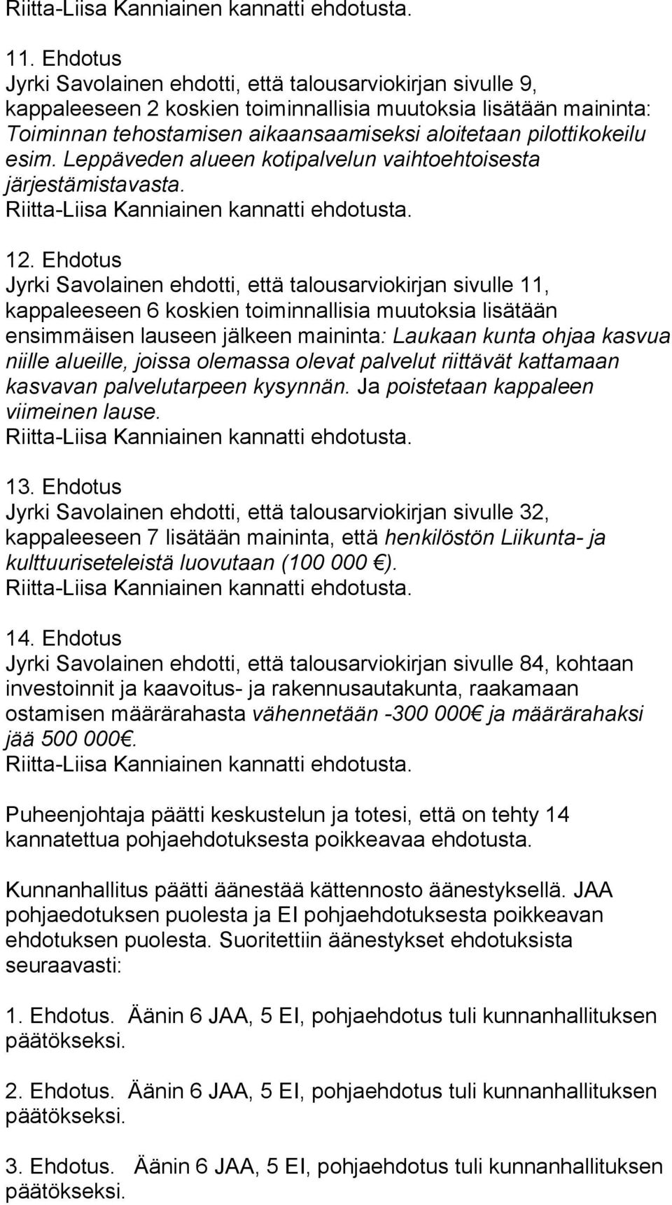 Ehdotus Jyrki Savolainen ehdotti, että talousarviokirjan sivulle 11, kappaleeseen 6 koskien toiminnallisia muutoksia lisätään ensimmäisen lauseen jälkeen maininta: Laukaan kunta ohjaa kasvua niille