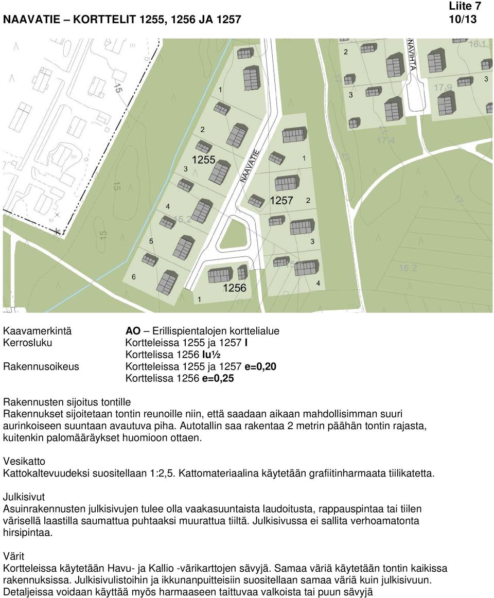 Kattokaltevuudeksi suositellaan 1:2,5. Kattomateriaalina käytetään grafiitinharmaata tiilikatetta.