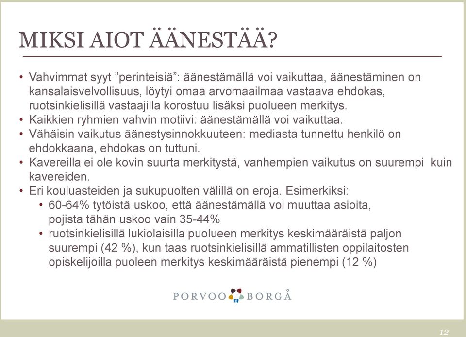 merkitys. Kaikkien ryhmien vahvin motiivi: äänestämällä voi vaikuttaa. Vähäisin vaikutus äänestysinnokkuuteen: mediasta tunnettu henkilö on ehdokkaana, ehdokas on tuttuni.