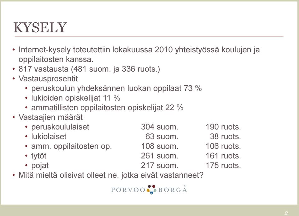 ) Vastausprosentit peruskoulun yhdeksännen luokan oppilaat 73 % lukioiden opiskelijat 11 % ammatillisten oppilaitosten