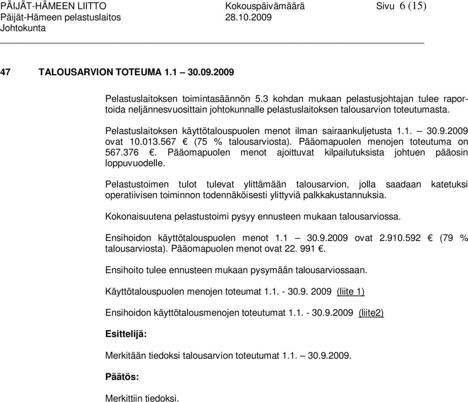 1. 30.9.2009 ovat 10.013.567 (75 % talousarviosta). Pääomapuolen menojen toteutuma on 567.376. Pääomapuolen menot ajoittuvat kilpailutuksista johtuen pääosin loppuvuodelle.