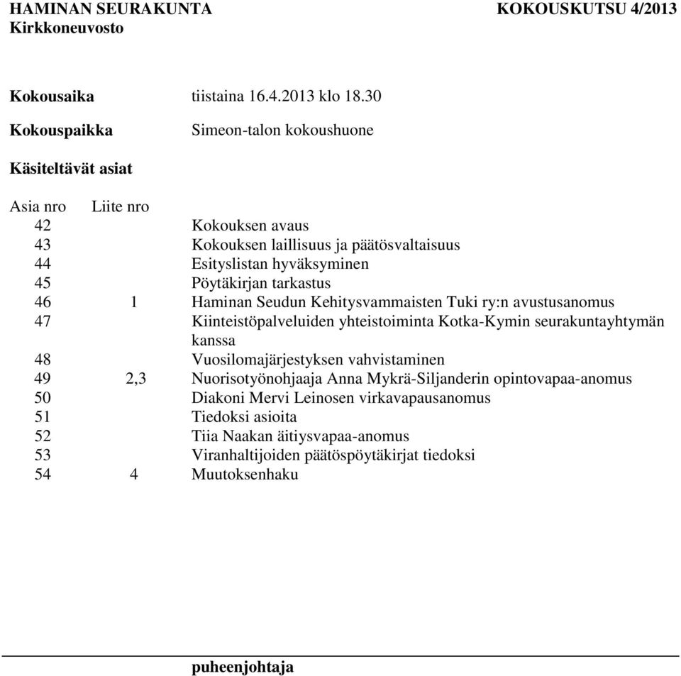 Pöytäkirjan tarkastus 46 1 Haminan Seudun Kehitysvammaisten Tuki ry:n avustusanomus 47 Kiinteistöpalveluiden yhteistoiminta Kotka-Kymin seurakuntayhtymän kanssa 48