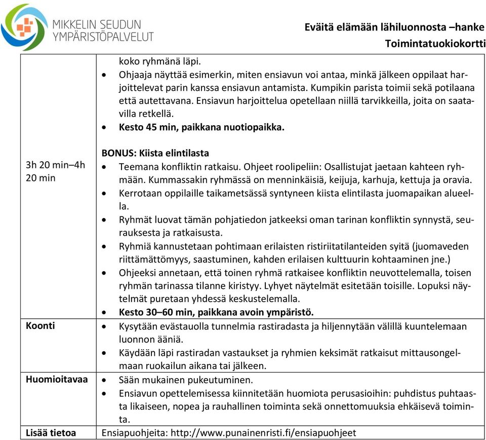 BONUS: Kiista elintilasta 3h 20 min 4h 20 min Teemana konfliktin ratkaisu. Ohjeet roolipeliin: Osallistujat jaetaan kahteen ryhmään.