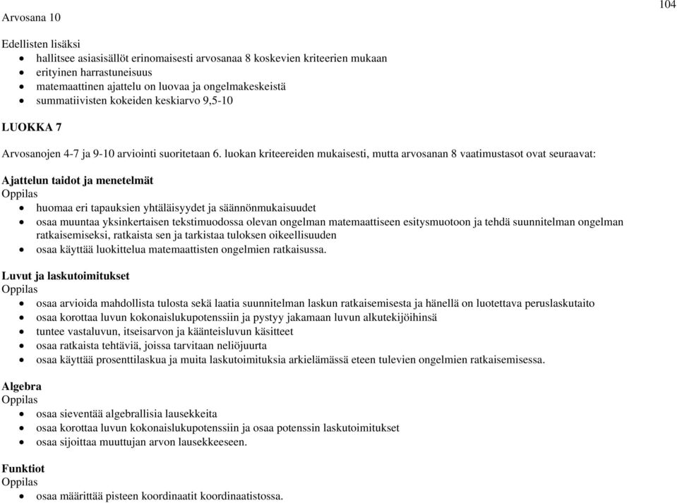 luokan kriteereiden mukaisesti, mutta arvosanan 8 vaatimustasot ovat seuraavat: Ajattelun taidot ja menetelmät huomaa eri tapauksien yhtäläisyydet ja säännönmukaisuudet osaa muuntaa yksinkertaisen