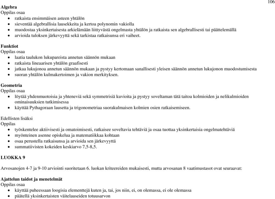 106 Funktiot osaa laatia taulukon lukupareista annetun säännön mukaan ratkaista lineaarisen yhtälön graafisesti jatkaa lukujonoa annetun säännön mukaan ja pystyy kertomaan sanallisesti yleisen