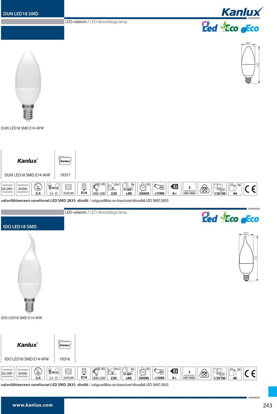 dioodid LED SMD 2835 IDO LED18 SMD E14-WW IDO LED18 SMD E14-WW 19316 3 3,4 3,4-23 18 LED SMD 2800-3200 220 80 30000 15000