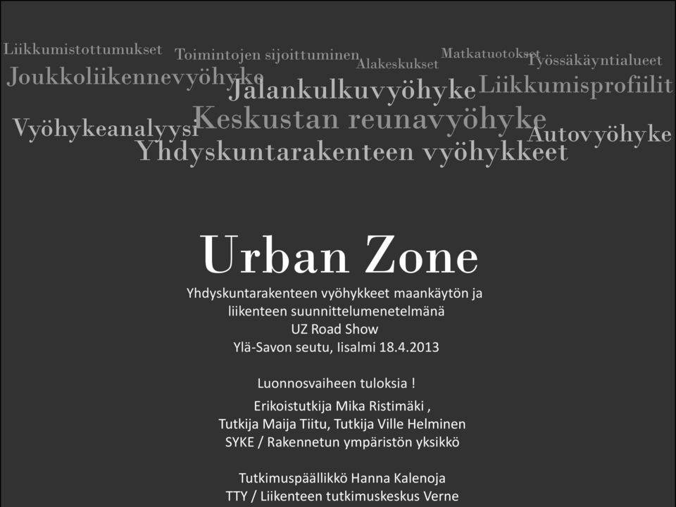 vyöhykkeet maankäytön ja liikenteen suunnittelumenetelmänä Road Show Ylä-Savon seutu, Iisalmi 18.4.2013 Luonnosvaiheen tuloksia!