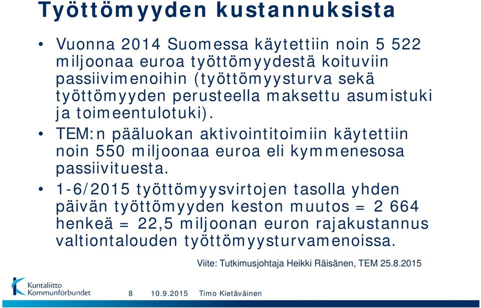 TEM:n pääluokan aktivointitoimiin käytettiin noin 550 miljoonaa euroa eli kymmenesosa passiivituesta.