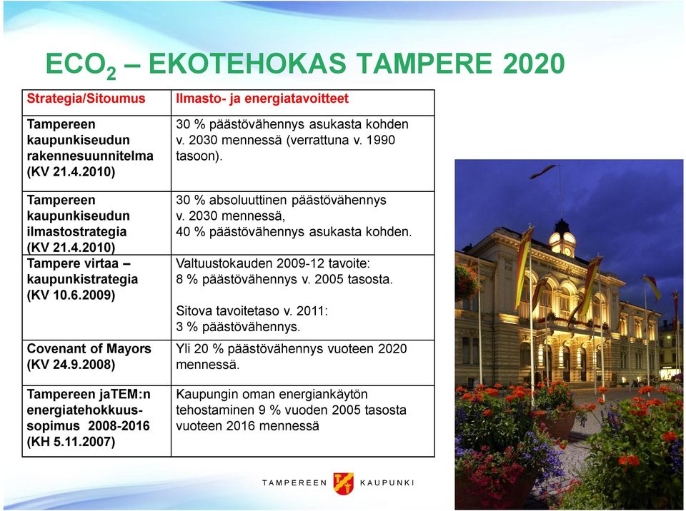 2030 mennessä (verrattuna v. 1990 tasoon). 30 % absoluuttinen päästövähennys v. 2030 mennessä, 40 % päästövähennys asukasta kohden. Valtuustokauden 2009 12 tavoite: 8 % päästövähennys v.