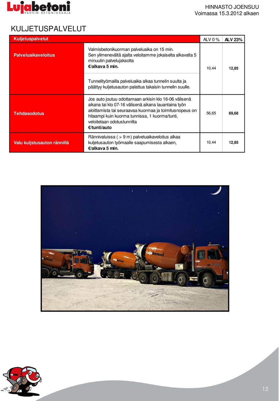 ALV 0 % ALV 23% 10,44 12,85 Tunnelityömailla palveluaika alkaa tunnelin suulta ja päättyy kuljetusauton palattua takaisin tunnelin suulle.