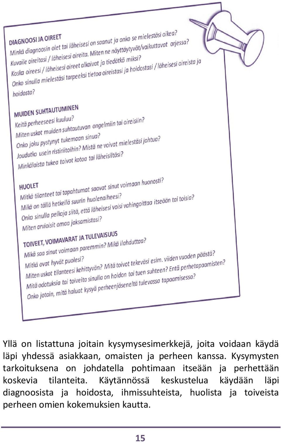 Kysymysten tarkoituksena on johdatella pohtimaan itseään ja perhettään koskevia
