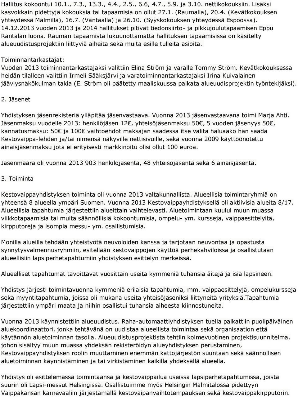 Rauman tapaamista lukuunottamatta hallituksen tapaamisissa on käsitelty alueuudistusprojektiin liittyviä aiheita sekä muita esille tulleita asioita.
