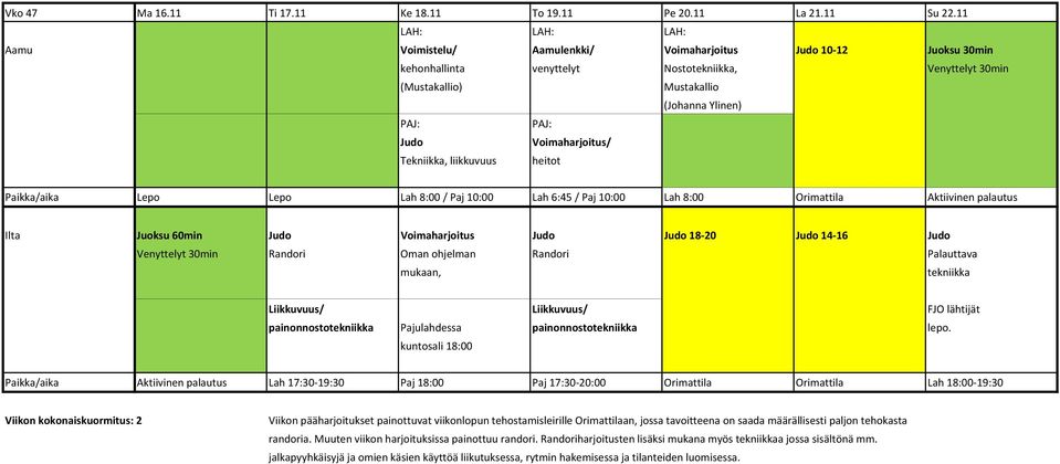 Judo Voimaharjoitus/ Tekniikka, liikkuvuus heitot Paikka/aika Lepo Lepo Lah 8:00 / Paj 10:00 Lah 6:45 / Paj 10:00 Lah 8:00 Orimattila Aktiivinen palautus Ilta Juoksu 60min Judo Voimaharjoitus Judo