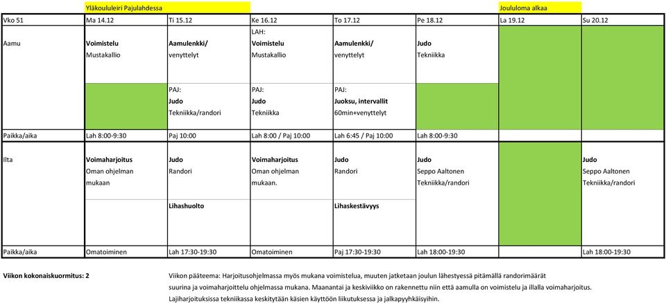 60min+venyttelyt Paikka/aika Lah 8:00-9:30 Paj 10:00 Lah 8:00 / Paj 10:00 Lah 6:45 / Paj 10:00 Lah 8:00-9:30 Ilta Voimaharjoitus Judo Voimaharjoitus Judo Judo Judo Oman ohjelman Randori Oman ohjelman