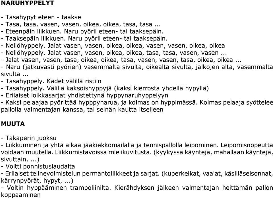 .. - Jalat vasen, vasen, tasa, oikea, oikea, tasa, vasen, vasen, tasa, oikea, oikea... - Naru (jatkuvasti pyörien) vasemmalta sivulta, oikealta sivulta, jalkojen alta, vasemmalta sivulta.