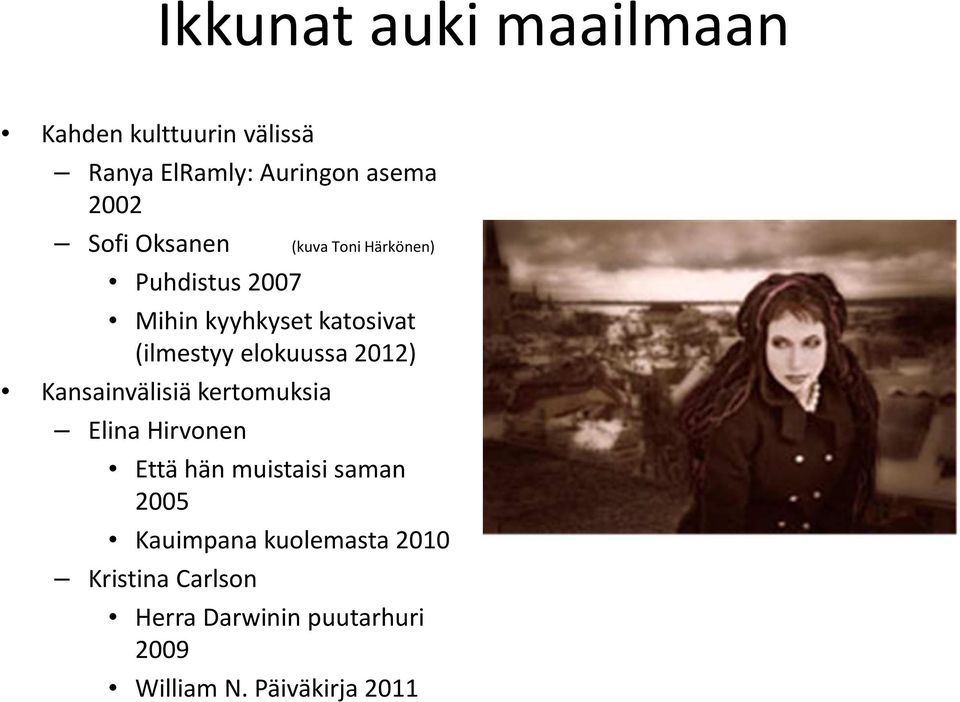 2012) Kansainvälisiä kertomuksia Elina Hirvonen Että hän muistaisi saman 2005 Kauimpana