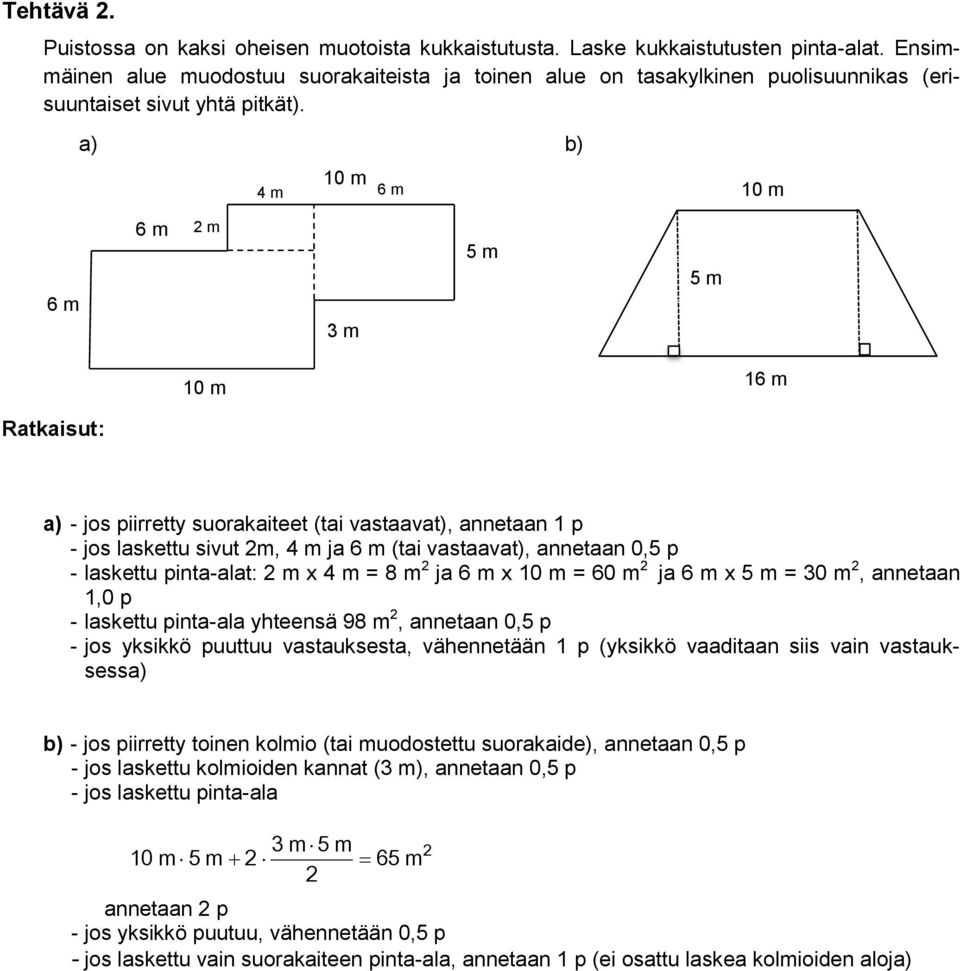 a) b) 10 m 4 m 6 m 10 m 6 m 6 m m m 5 m 5 m 10 m 16 m a) - jos piirretty suorakaiteet (tai vastaavat), annetaan 1 p - jos laskettu sivut m, 4 m ja 6 m (tai vastaavat), annetaan 0,5 p - laskettu