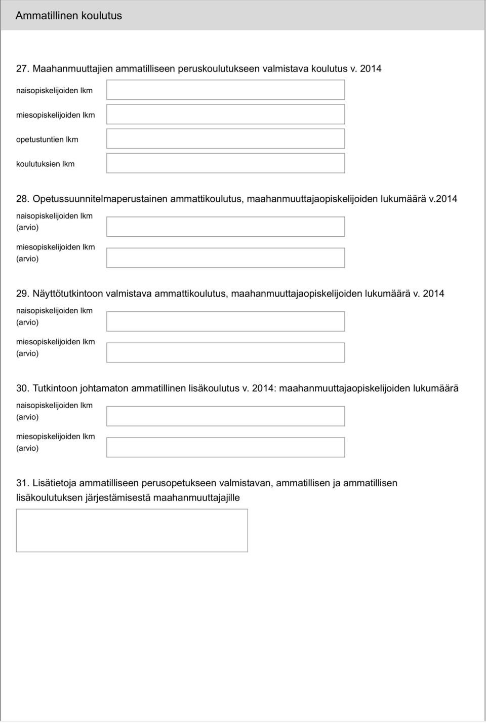 Näyttötutkintoon valmistava ammattikoulutus, maahanmuuttajaopiskelijoiden lukumäärä v. 2014 30.