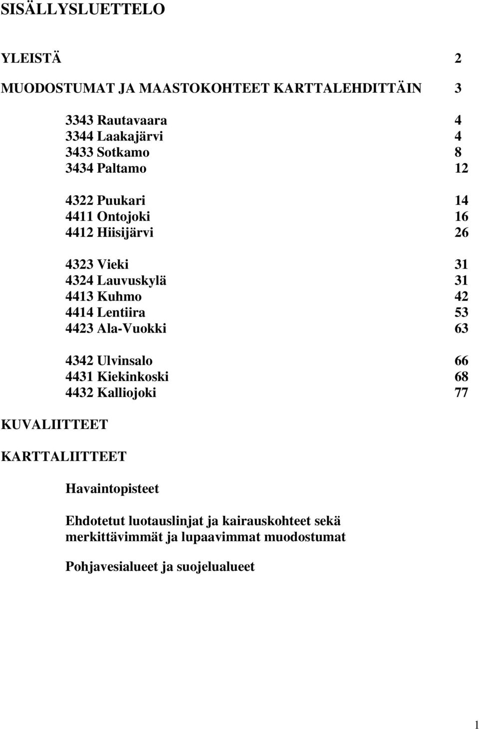 Kuhmo 42 4414 Lentiira 53 4423 Ala-Vuokki 63 4342 Ulvinsalo 66 4431 Kiekinkoski 68 4432 Kalliojoki 77 KARTTALIITTEET