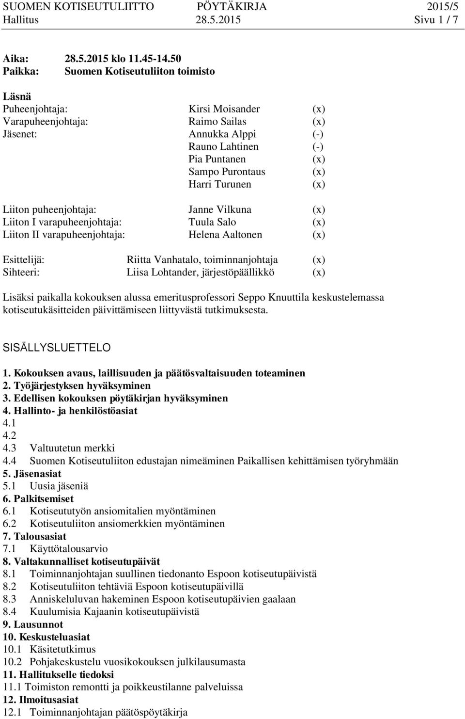 (x) Harri Turunen (x) Liiton puheenjohtaja: Janne Vilkuna (x) Liiton I varapuheenjohtaja: Tuula Salo (x) Liiton II varapuheenjohtaja: Helena Aaltonen (x) Esittelijä: Riitta Vanhatalo,