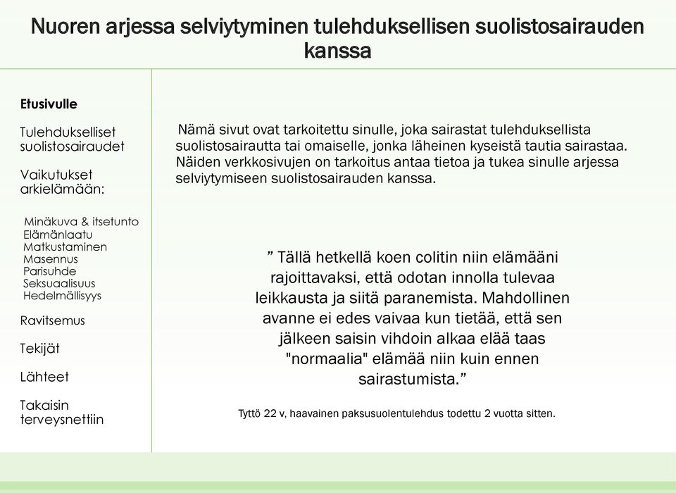 Näiden verkkosivujen on tarkoitus antaa tietoa ja tukea sinulle arjessa selviytymiseen suolistosairauden kanssa.