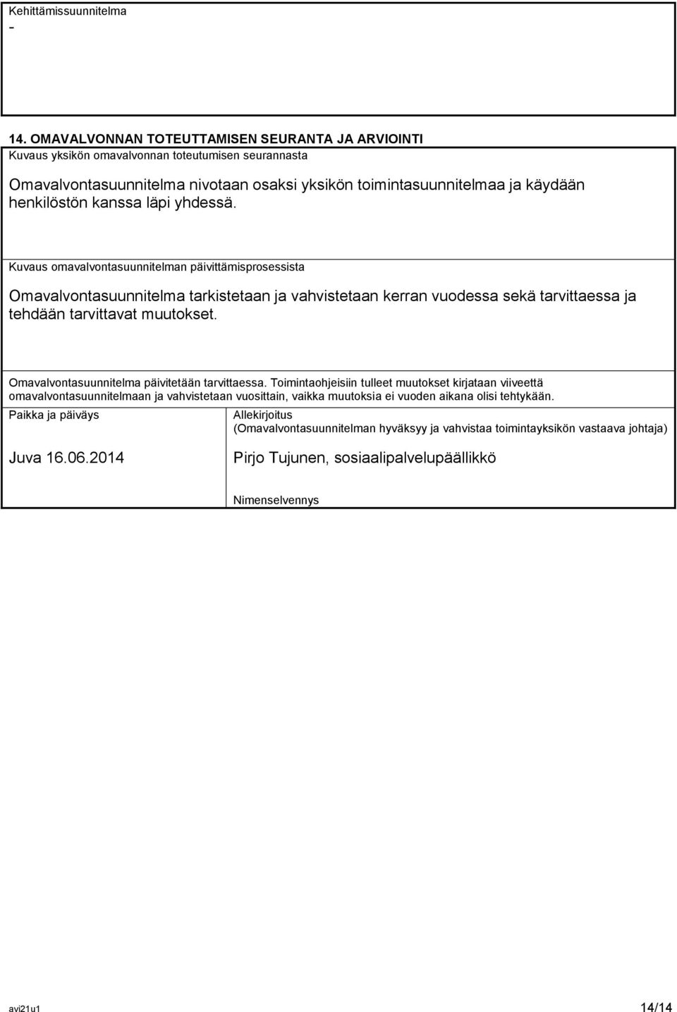 läpi yhdessä. Kuvaus omavalvontasuunnitelman päivittämisprosessista Omavalvontasuunnitelma tarkistetaan ja vahvistetaan kerran vuodessa sekä tarvittaessa ja tehdään tarvittavat muutokset.