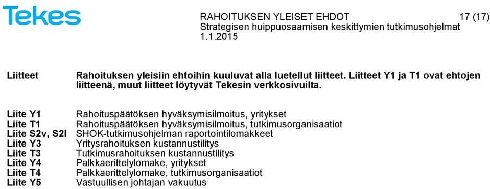 Liite Y1 Rahoituspäätöksen hyväksymisilmoitus, yritykset Liite T1 Rahoituspäätöksen hyväksymisilmoitus, tutkimusorganisaatiot Liite S2v, S2l