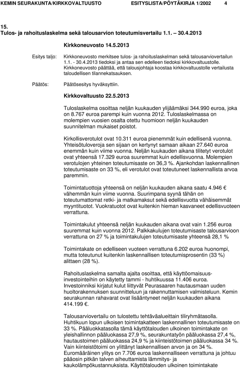 Tuloslaskelma osoittaa neljän kuukauden ylijäämäksi 344.990 euroa, joka on 8.767 euroa parempi kuin vuonna 2012.