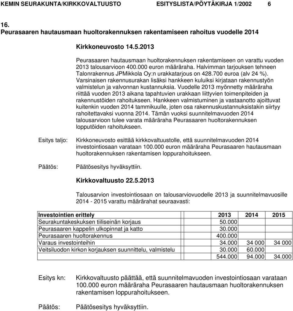 Halvimman tarjouksen tehneen Talonrakennus JPMikkola Oy:n urakkatarjous on 428.700 euroa (alv 24 %).