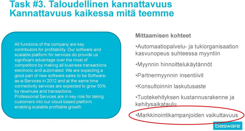 We are expecting a good part of new software sales to be Softwareas-a-Services in 2012 and at the same time connectivity services are expected to grow 50% by revenues and transactions.