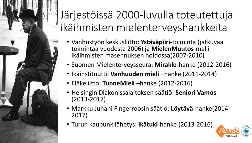 (2012-2016) Ikäinstituutti: Vanhuuden mieli hanke (2011-2014) Eläkeliitto: TunneMieli hanke (2012-2016) Helsingin Diakonissalaitoksen