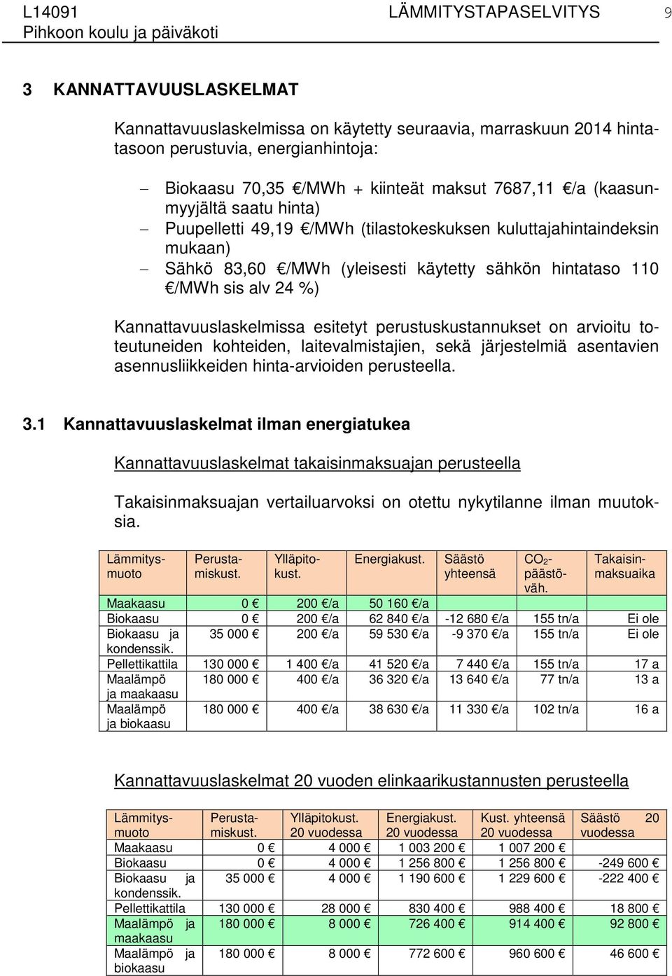 Kannattavuuslaskelmissa esitetyt perustuskustannukset on arvioitu toteutuneiden kohteiden, laitevalmistajien, sekä järjestelmiä asentavien asennusliikkeiden hinta-arvioiden perusteella. 3.