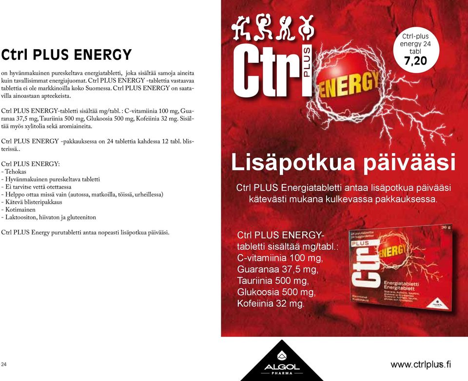 Ctrl-plus energy 24 tabl 7,20 Ctrl PLUS ENERGY-tabletti sisältää mg/tabl. : C-vitamiinia 100 mg, Guaranaa 37,5 mg, Tauriinia 500 mg, Glukoosia 500 mg, Kofeiinia 32 mg.