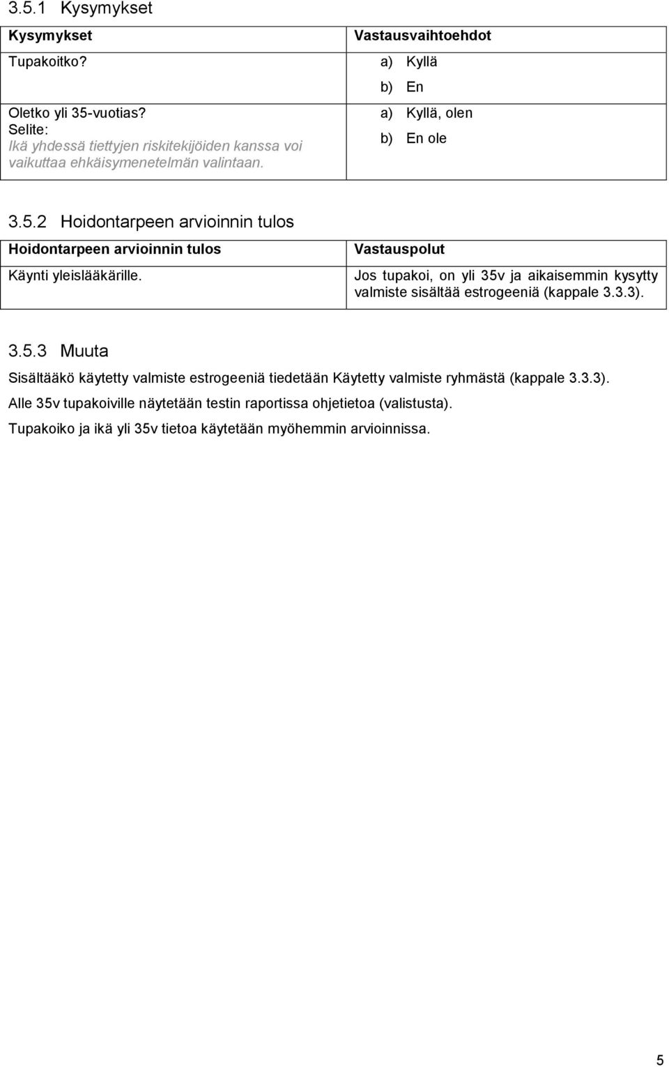 Jos tupakoi, on yli 35v ja aikaisemmin kysytty valmiste sisältää estrogeeniä (kappale 3.3.3). 3.5.3 Muuta Sisältääkö käytetty valmiste estrogeeniä tiedetään Käytetty valmiste ryhmästä (kappale 3.