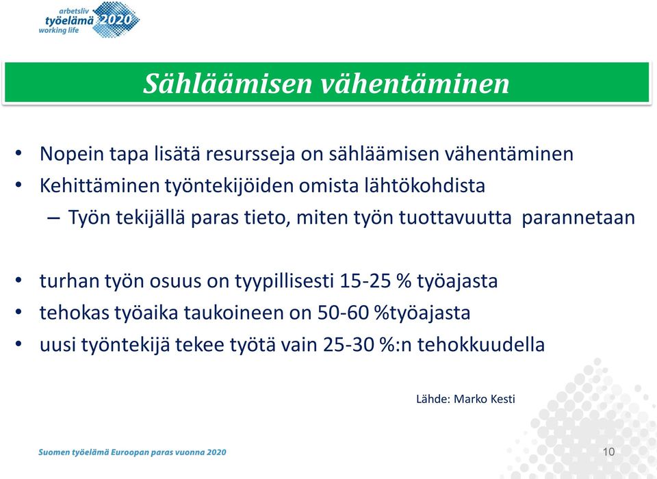 tuottavuutta parannetaan turhan työn osuus on tyypillisesti 15-25 % työajasta tehokas työaika