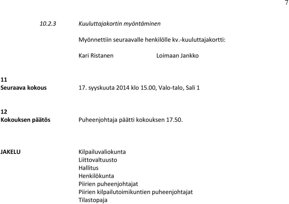 00, Valo-talo, Sali 1 12 Kokouksen päätös Puheenjohtaja päätti kokouksen 17.50.