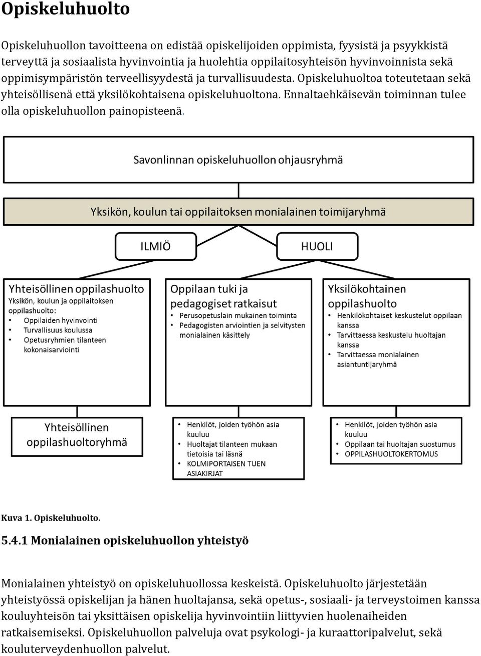 Ennaltaehkäisevän toiminnan tulee olla opiskeluhuollon painopisteenä. Kuva 1. Opiskeluhuolto. 5.4.1 Monialainen opiskeluhuollon yhteistyö Monialainen yhteistyö on opiskeluhuollossa keskeistä.