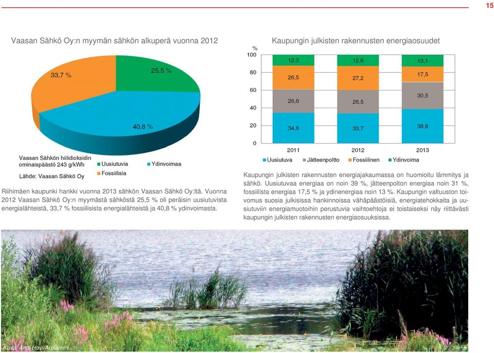 Vuonna 2012 Vaasan Sähkö Oy:n myymästä sähköstä 25,5 % oli peräisin uusiutuvista energialähteistä, 33,7 % fossiilisista energialähteistä ja 40,8 % ydinvoimasta.