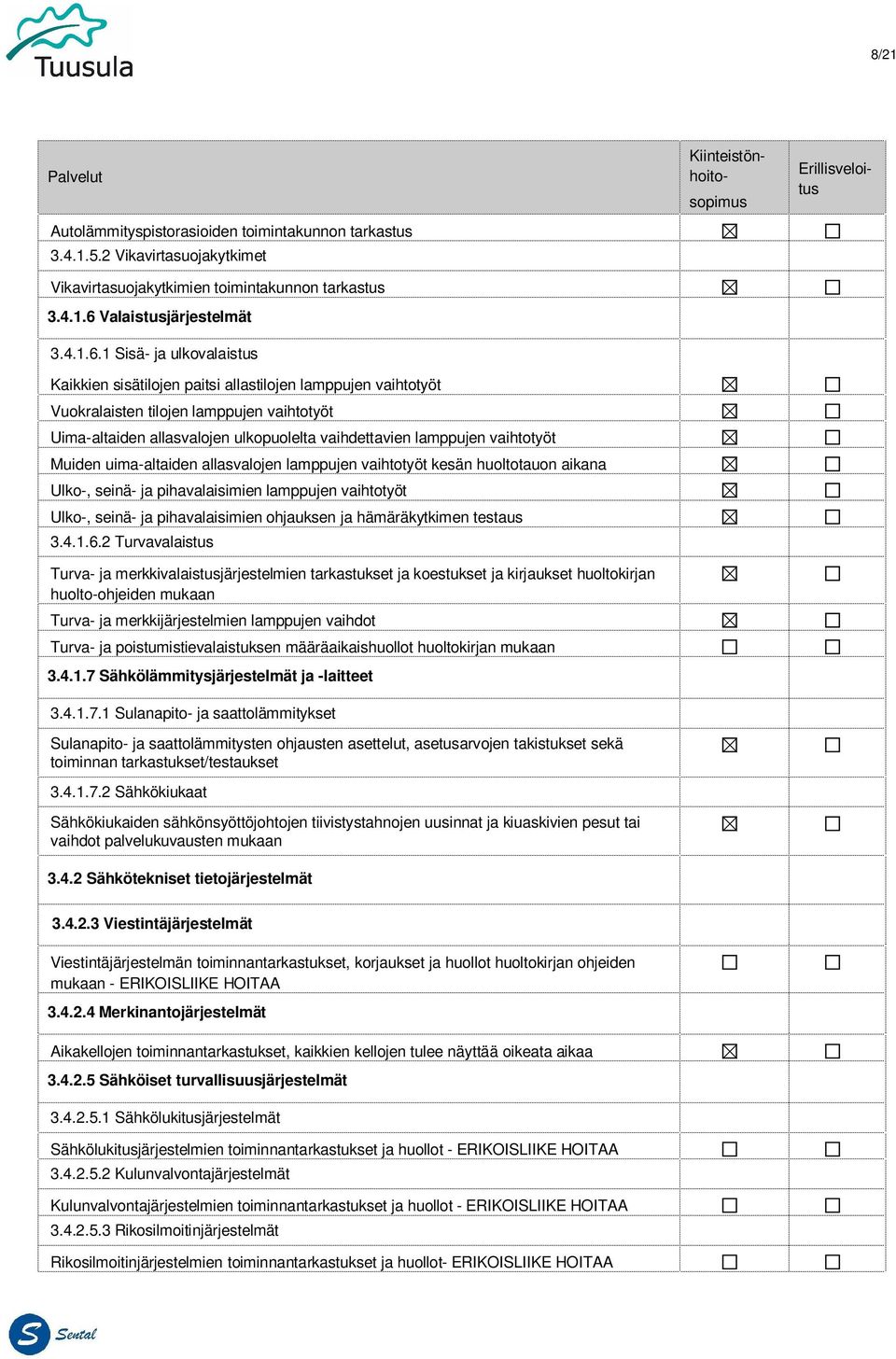 1 Sisä- ja ulkovalaistus Kaikkien sisätilojen paitsi allastilojen lamppujen vaihtotyöt Vuokralaisten tilojen lamppujen vaihtotyöt Uima-altaiden allasvalojen ulkopuolelta vaihdettavien lamppujen