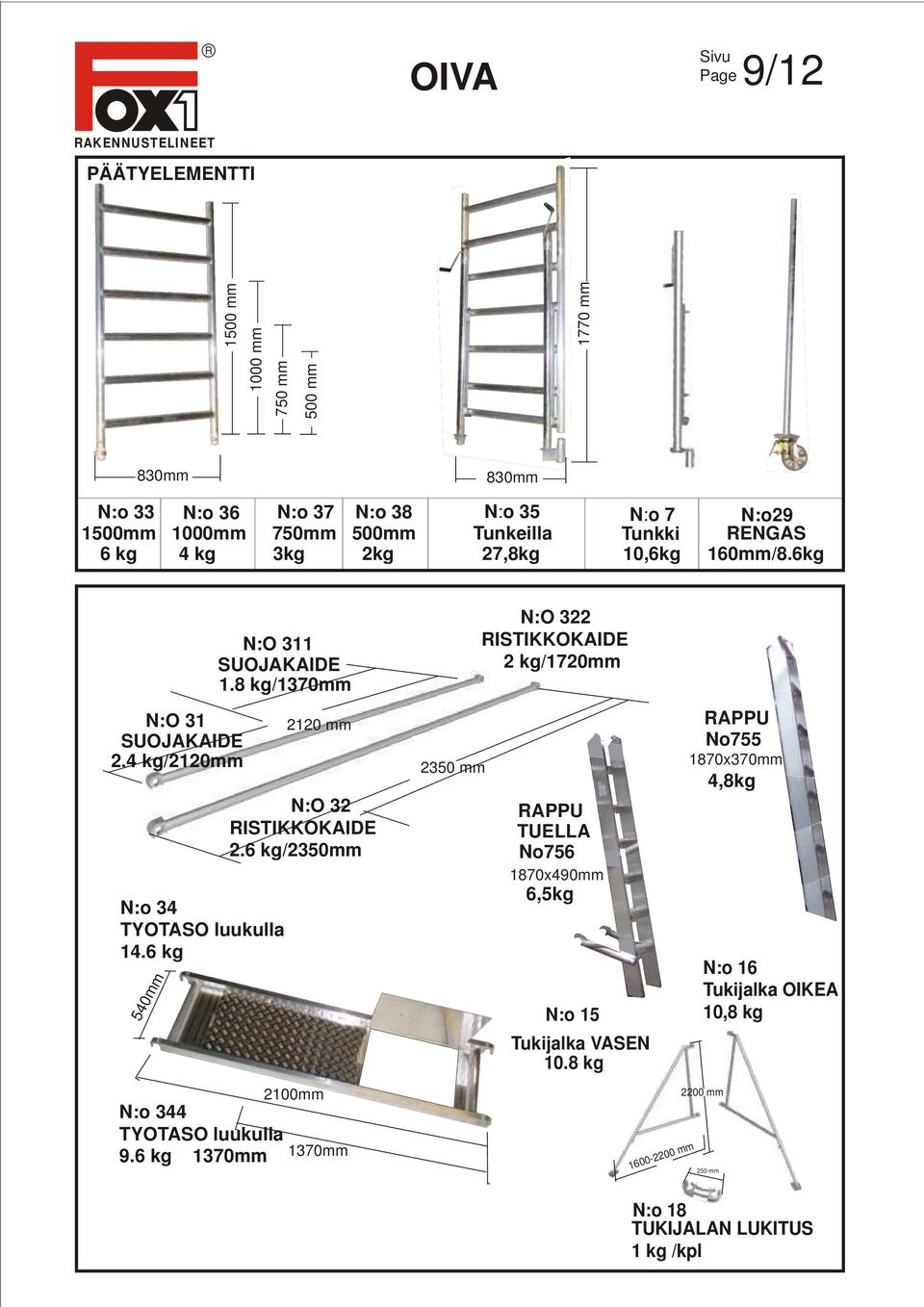 8 kg/1370mm N:o 34 TYOTASO luukulla 14.6 kg 2120 mm N:O 32 ISTIKKOKAIDE 2.6 kg/2350mm 2100mm N:o 344 TYOTASO luukulla 9.