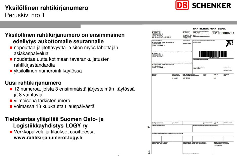 numerointi käytössä Uusi rahtikirjanumero 12 numeroa, joista 3 ensimmäistä järjestelmän käytössä ja 8 vaihtuvia viimeisenä tarkistenumero