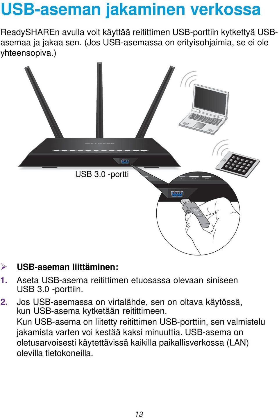 Aseta USB-asema reitittimen etuosassa olevaan siniseen USB 3.0 -porttiin. 2.