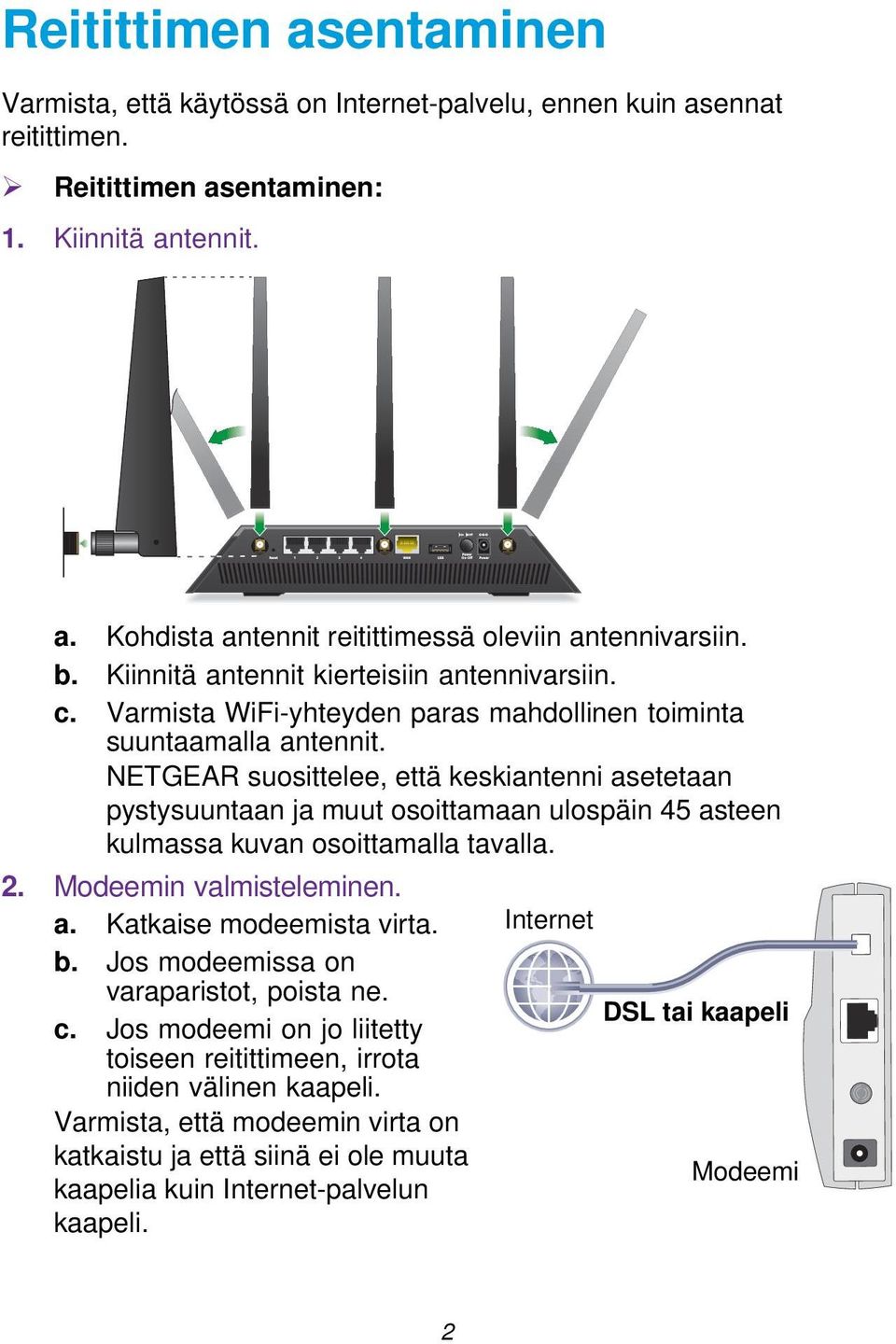 NETGEAR suosittelee, että keskiantenni asetetaan pystysuuntaan ja muut osoittamaan ulospäin 45 asteen kulmassa kuvan osoittamalla tavalla. 2. Modeemin valmisteleminen. a. Katkaise modeemista virta.