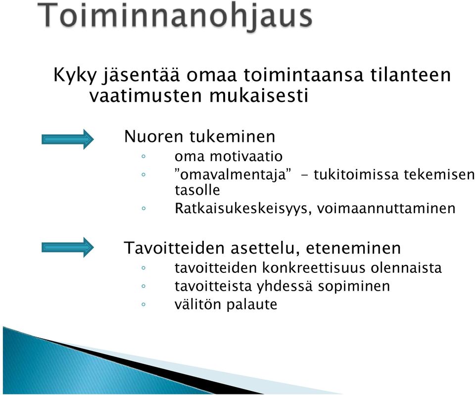 Ratkaisukeskeisyys, voimaannuttaminen Tavoitteiden asettelu, eteneminen