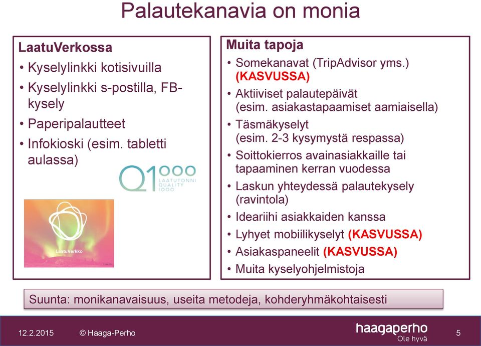 2-3 kysymystä respassa) Soittokierros avainasiakkaille tai tapaaminen kerran vuodessa Laskun yhteydessä palautekysely (ravintola) Ideariihi asiakkaiden