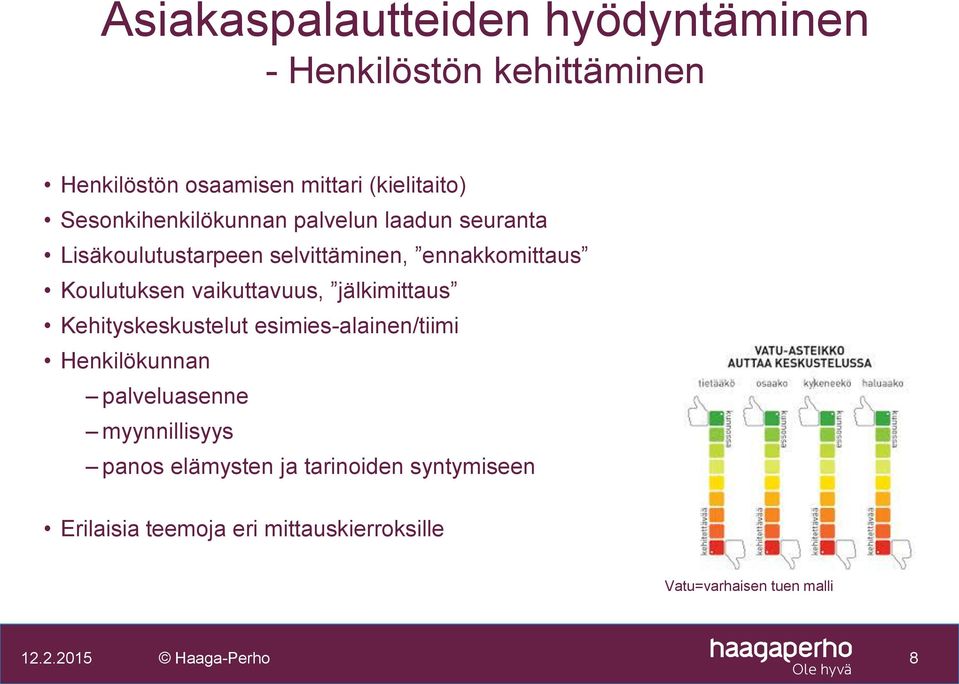 vaikuttavuus, jälkimittaus Kehityskeskustelut esimies-alainen/tiimi Henkilökunnan palveluasenne myynnillisyys