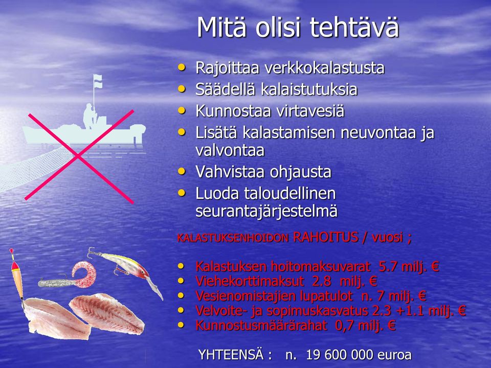 KALASTUKSENHOIDON RAHOITUS / vuosi ; Kalastuksen hoitomaksuvarat 5.7 milj. Viehekorttimaksut 2.8 milj.