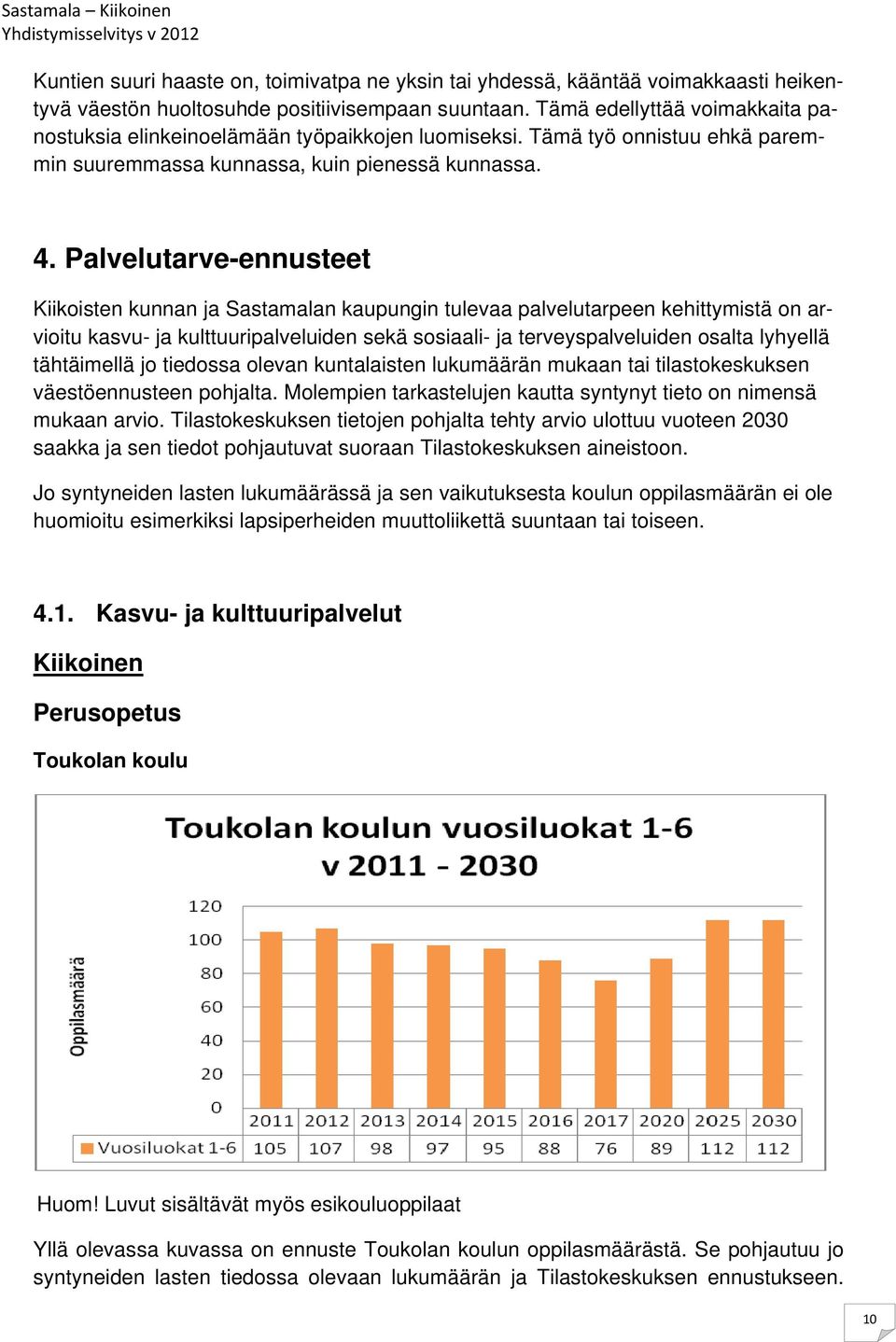 Palvelutarve-ennusteet Kiikoisten kunnan ja Sastamalan kaupungin tulevaa palvelutarpeen kehittymistä on arvioitu kasvu- ja kulttuuripalveluiden sekä sosiaali- ja terveyspalveluiden osalta lyhyellä