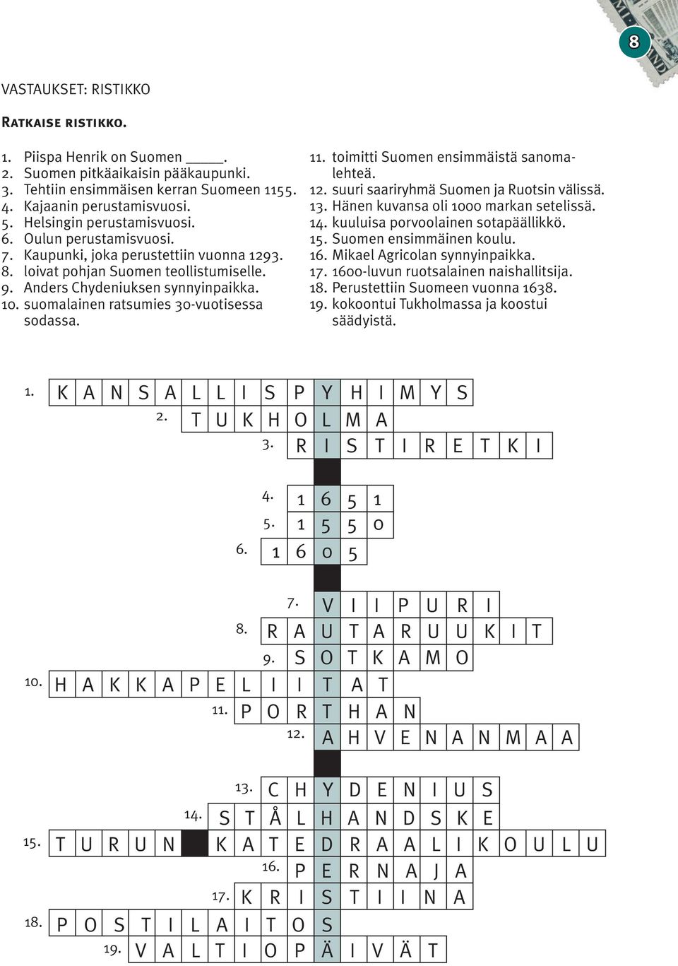 suomalainen ratsumies 30-vuotisessa sodassa. 11. toimitti Suomen ensimmäistä sanomalehteä. 12. suuri saariryhmä Suomen ja Ruotsin välissä. 13. Hänen kuvansa oli 1000 markan setelissä. 14.