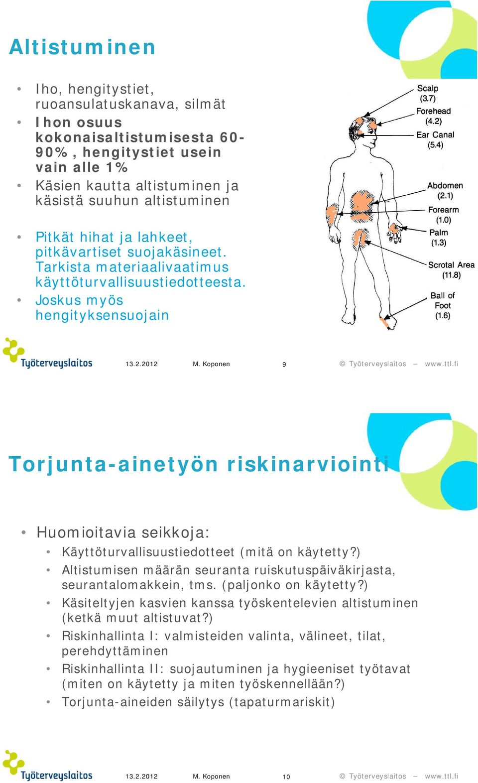 Joskus myös hengityksensuojain 9 Torjunta-ainetyön riskinarviointi Huomioitavia seikkoja: Käyttöturvallisuustiedotteet (mitä on käytetty?